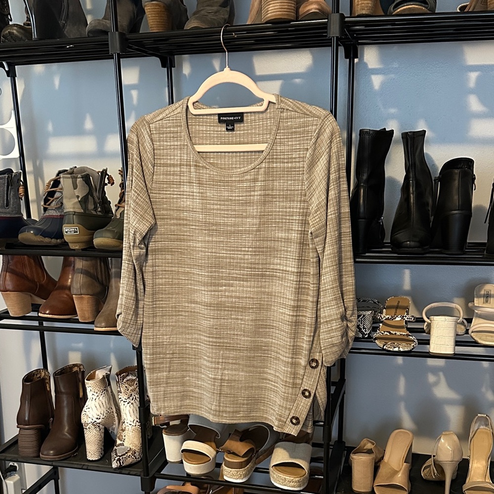 Women's Long Sleeve Top - Beige Plaid